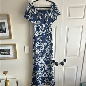 Elegant Blue and White Off-Shoulder Dress